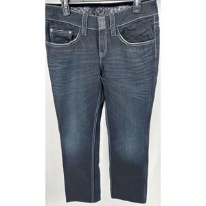 Womens Designer Dark Wash Denim Jeans Light Stitching Flap Pockets Size 10 EUC